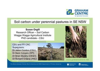 Soil carbon under perennial pastures in SE NSW
Susan Orgill
Research Officer – Soil Carbon
Wagga Wagga Agricultural Institute
PhD candidate - CSU
CSU and FFI CRC
Supervisors:
Dr Jason Condon (CSU)
Dr Mark Conyers (DPI)
Dr Brian Murphy (OE&H)
Dr Richard Greene (ANU)
 
