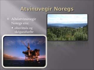 Aðalatvinuvegir Noregs eru:  olíuvinsla og skógarafurðir 