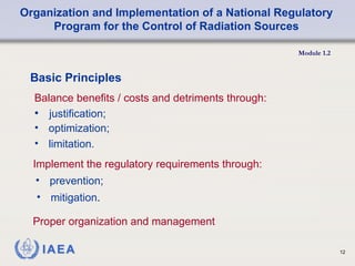 Organization and Implementation of a National Regulatory
Program for the Control of Radiation Sources
Module 1.2
12
Balance benefits / costs and detriments through:
• justification;
Basic Principles
Implement the regulatory requirements through:
• optimization;
• limitation.
• prevention;
Proper organization and management
• mitigation.
 