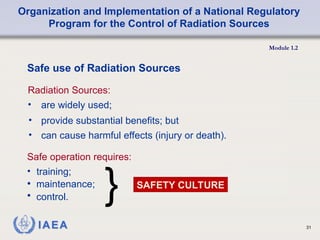 Organization and Implementation of a National Regulatory
Program for the Control of Radiation Sources
Module 1.2
31
• maintenance;
• control.
Safe operation requires:
• training;
Safe use of Radiation Sources
Radiation Sources:
• are widely used;
SAFETY CULTURE
}
• provide substantial benefits; but
• can cause harmful effects (injury or death).
 