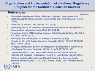 Organization and Implementation of a National Regulatory
Program for the Control of Radiation Sources
Module 1.2
33
• Radiation Protection and Safety of Radiation Sources: International Basic
Safety Standards. Generic Safety Requirements. GSR Part 3 (Interim) Vienna
(2011).
• Handbook on Nuclear Law: Volume 1 & 2 (2010).
• Model Regulations for the use of radiation sources and for the management of
the associated radioactive waste. Draft: 2012-04-04.
• Regulatory Control of Radioactive Sources, Safety Standards Series No. GS-G-
1.5, IAEA, Vienna (2004).
• Notification and Authorization for the Use of Radiation Sources
(Supplement to IAEA Safety Standards Series No. GS-G-1.5) IAEA TECDOC
1525, Vienna (2007).
• Inspection of Radiation Sources and Regulatory Enforcement (Supplement to
IAEA Safety Standards Series No. GS-G-1.5) IAEA TECDOC 1526.
• Lessons Learned from Accidents in Radiotherapy, Industrial Irradiation
Facilities and Industrial Radiography, (reports in) IAEA Safety Reports Series.
• Safety of Radiation Generators and Sealed Radioactive Sources, Safety
Standard Series No. RS-G-1.10, IAEA, Vienna (2006). IAEA, Accident reports
(various).
References
 