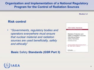 Organization and Implementation of a National Regulatory
Program for the Control of Radiation Sources
Module 1.2
6
• “Governments, regulatory bodies and
operators everywhere must ensure
that nuclear material and radiation
sources are used beneficially, safely
and ethically”
Basic Safety Standards (GSR Part 3)
Risk control
 