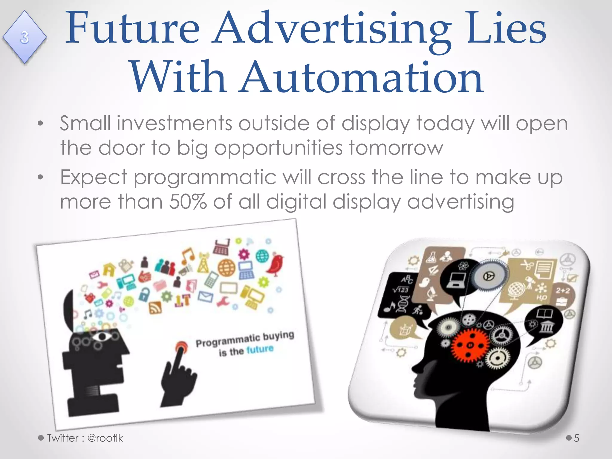 Future Advertising Lies
With Automation
• Small investments outside of display today will open
the door to big opportunities tomorrow
• Expect programmatic will cross the line to make up
more than 50% of all digital display advertising
Twitter : @rootlk 5
 