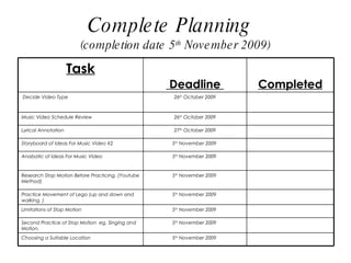Complete Planning (completion date 5 th  November 2009) Task Deadline  Completed Decide Video Type 26 th  October 2009 Music Video Schedule Review  26 th  October 2009 Lyrical Annotation  27 th  October 2009 Storyboard of Ideas For Music Video X2 5 th  November 2009  Anabatic of Ideas For Music Video 5 th  November 2009  Research Stop Motion Before Practicing. (Youtube Method)  5 th  November 2009  Practice Movement of Lego (up and down and walking. ) 5 th  November 2009  Limitations of Stop Motion  5 th  November 2009  Second Practice of Stop Motion  eg. Singing and Motion.  5 th  November 2009  Choosing a Suitable Location  5 th  November 2009  