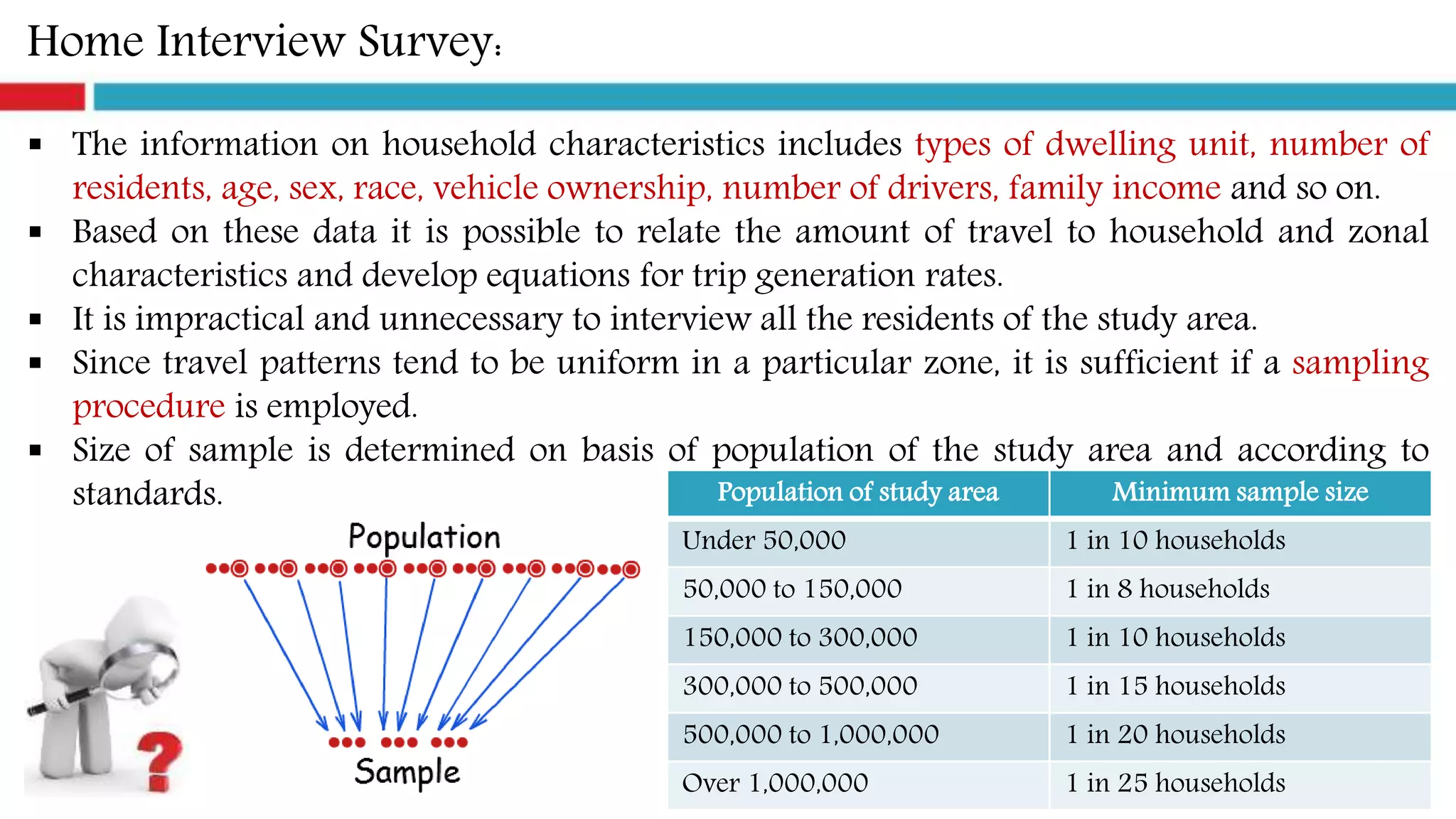 Home Interview Survey:
 The information on household characteristics includes types of dwelling unit, number of
residents, age, sex, race, vehicle ownership, number of drivers, family income and so on.
 Based on these data it is possible to relate the amount of travel to household and zonal
characteristics and develop equations for trip generation rates.
 It is impractical and unnecessary to interview all the residents of the study area.
 Since travel patterns tend to be uniform in a particular zone, it is sufficient if a sampling
procedure is employed.
 Size of sample is determined on basis of population of the study area and according to
standards. Population of study area Minimum sample size
Under 50,000 1 in 10 households
50,000 to 150,000 1 in 8 households
150,000 to 300,000 1 in 10 households
300,000 to 500,000 1 in 15 households
500,000 to 1,000,000 1 in 20 households
Over 1,000,000 1 in 25 households
 