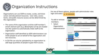 Organization Instructions
Organizations can use IOER to create, curate, and share
career and educational resources. User r...