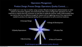 Operations Management
                                       Product Design, Process Design, Operations, Quality Control,…..
                                Most people are in one way or another using a product lifecycle management software/system or other
                                  systems to document, organize, and communicate data used to manage their operations. It is very
                               important to clearly show the connection of used data to quality & customer needs. Unfortunately, many
                                 use metrics that are not effective enough, for reasons such as neglecting some of the requirements
                                      needed to produce the expected quality, this is a procedural as well as technical weakness.

                                                 3-Concept Design
                                                                                            4-Design & Development



                                    2-Quality Expectations                                            5-Product Test




                                                 1-Benchmarking                                6-Voice of Customer


                                                         A well designed operation produces quality efﬁciently
Wednesday, February 29, 2012
 