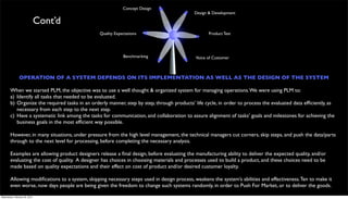 Concept Design
                                                                                             Design & Development

                               Cont’d
                                                 Quality Expectations                              Product Test




                                                             Benchmarking                    Voice of Customer



                OPERATION OF A SYSTEM DEPENDS ON ITS IMPLEMENTATION AS WELL AS THE DESIGN OF THE SYSTEM

        When we started PLM, the objective was to use a well thought & organized system for managing operations. We were using PLM to:
        a) Identify all tasks that needed to be evaluated.
        b) Organize the required tasks in an orderly manner, step by step, through products’ life cycle, in order to process the evaluated data efﬁciently, as
           necessary from each step to the next step.
        c) Have a systematic link among the tasks for communication, and collaboration to assure alignment of tasks’ goals and milestones for achieving the
           business goals in the most efﬁcient way possible.

        However, in many situations, under pressure from the high level management, the technical managers cut corners, skip steps, and push the data/parts
        through to the next level for processing, before completing the necessary analysis.

        Examples are allowing product designers release a ﬁnal design, before evaluating the manufacturing ability to deliver the expected quality, and/or
        evaluating the cost of quality. A designer has choices in choosing materials and processes used to build a product, and these choices need to be
        made based on quality expectations and their effect on cost of product and/or desired customer loyalty.

        Allowing modiﬁcations to a system, skipping necessary steps used in design process, weakens the system’s abilities and effectiveness. Ten to make it
        even worse, now days people are being given the freedom to change such systems randomly, in order to Push For Market, or to deliver the goods.
Wednesday, February 29, 2012
 