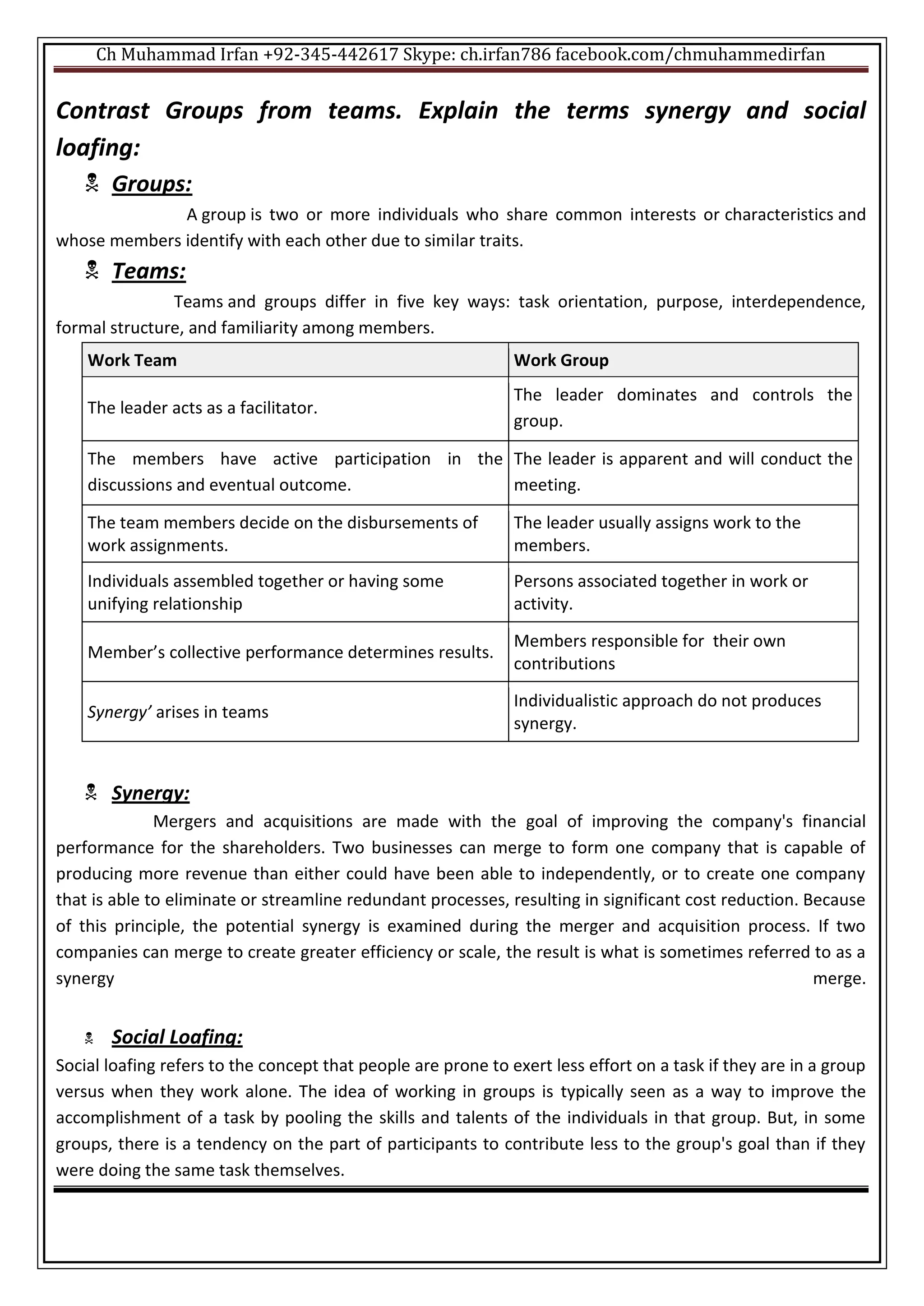 Ch Muhammad Irfan +92-345-442617 Skype: ch.irfan786 facebook.com/chmuhammedirfan
Contrast Groups from teams. Explain the terms synergy and social
loafing:
 Groups:
A group is two or more individuals who share common interests or characteristics and
whose members identify with each other due to similar traits.
 Teams:
Teams and groups differ in five key ways: task orientation, purpose, interdependence,
formal structure, and familiarity among members.
Work Team Work Group
The leader acts as a facilitator.
The leader dominates and controls the
group.
The members have active participation in the
discussions and eventual outcome.
The leader is apparent and will conduct the
meeting.
The team members decide on the disbursements of
work assignments.
The leader usually assigns work to the
members.
Individuals assembled together or having some
unifying relationship
Persons associated together in work or
activity.
Member’s collective performance determines results.
Members responsible for their own
contributions
Synergy’ arises in teams
Individualistic approach do not produces
synergy.
 Synergy:
Mergers and acquisitions are made with the goal of improving the company's financial
performance for the shareholders. Two businesses can merge to form one company that is capable of
producing more revenue than either could have been able to independently, or to create one company
that is able to eliminate or streamline redundant processes, resulting in significant cost reduction. Because
of this principle, the potential synergy is examined during the merger and acquisition process. If two
companies can merge to create greater efficiency or scale, the result is what is sometimes referred to as a
synergy merge.
 Social Loafing:
Social loafing refers to the concept that people are prone to exert less effort on a task if they are in a group
versus when they work alone. The idea of working in groups is typically seen as a way to improve the
accomplishment of a task by pooling the skills and talents of the individuals in that group. But, in some
groups, there is a tendency on the part of participants to contribute less to the group's goal than if they
were doing the same task themselves.
 