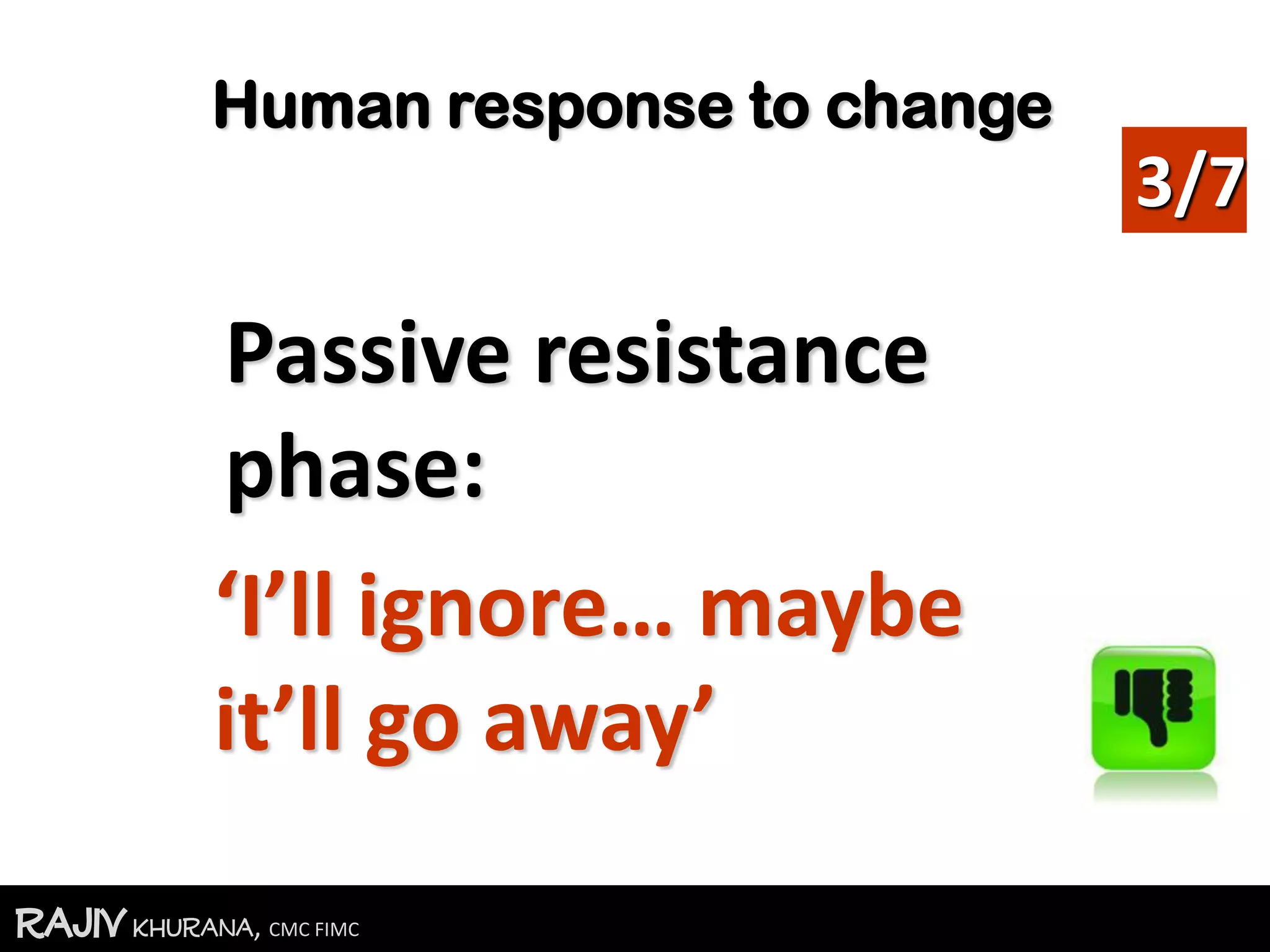 RajivKhurana, CMC FIMC
Human response to change
Passive resistance
phase:
‘I’ll ignore… maybe
it’ll go away’
3/7
 