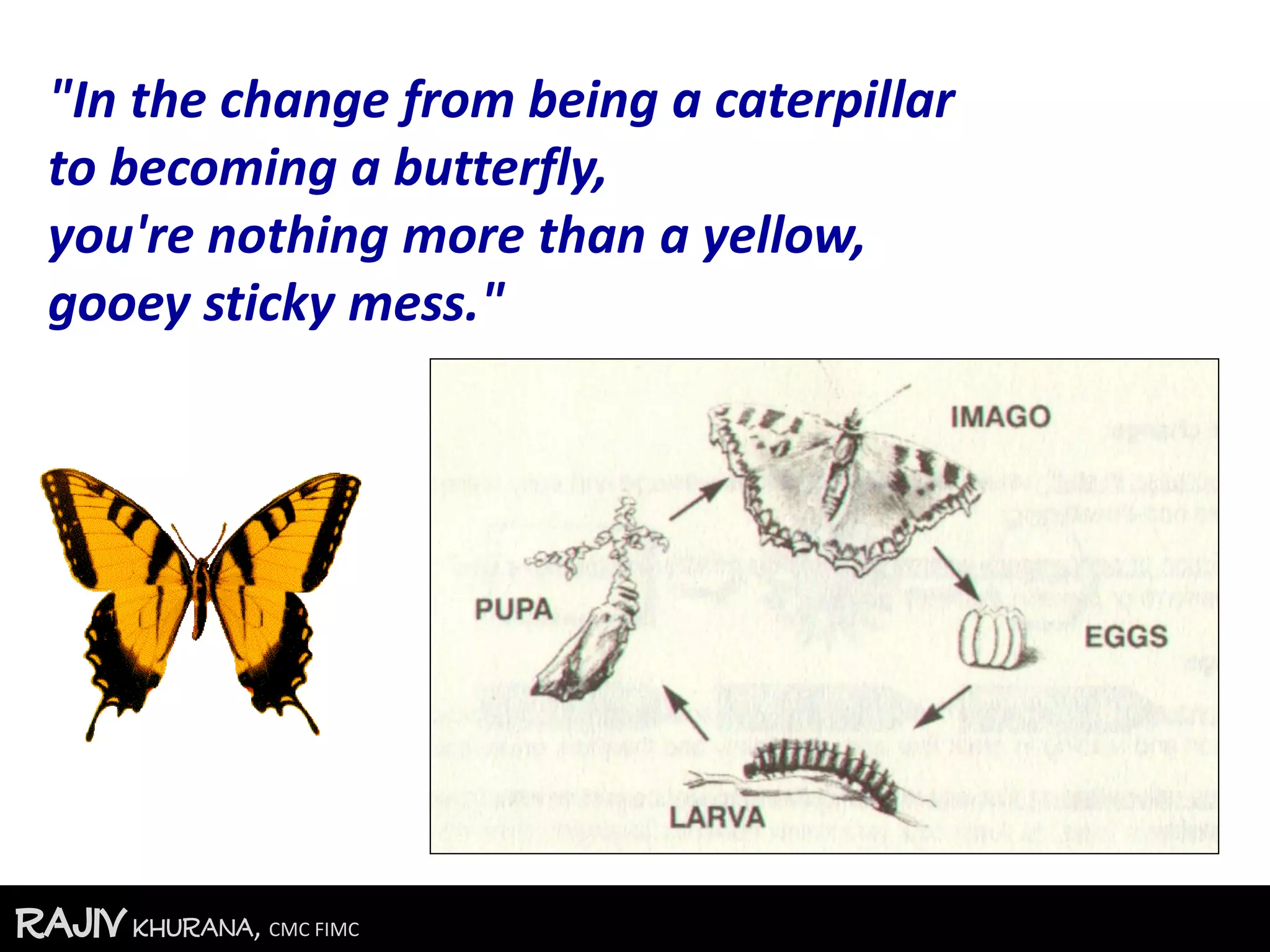 RajivKhurana, CMC FIMC
"In the change from being a caterpillar
to becoming a butterfly,
you're nothing more than a yellow,
gooey sticky mess."
 