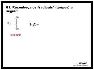 prof. Fábio Oisiovici
01. Reconheça os “radicais” (grupos) a
seguir:
terc-butil
 