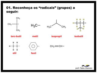 prof. Fábio Oisiovici
01. Reconheça os “radicais” (grupos) a
seguir:
terc-butil metil isopropil isobutil
etil fenil
 