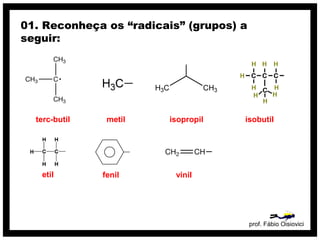 prof. Fábio Oisiovici
01. Reconheça os “radicais” (grupos) a
seguir:
terc-butil metil isopropil isobutil
etil fenil vinil
 