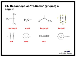 prof. Fábio Oisiovici
01. Reconheça os “radicais” (grupos) a
seguir:
terc-butil metil isopropil isobutil
etil fenil vinil
 