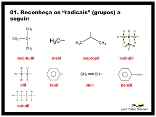 prof. Fábio Oisiovici
01. Reconheça os “radicais” (grupos) a
seguir:
terc-butil metil isopropil isobutil
etil fenil vinil benzil
n-butil
 