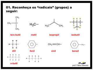 prof. Fábio Oisiovici
01. Reconheça os “radicais” (grupos) a
seguir:
terc-butil metil isopropil isobutil
etil fenil vinil benzil
n-butil
 