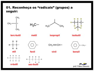 prof. Fábio Oisiovici
01. Reconheça os “radicais” (grupos) a
seguir:
terc-butil metil isopropil isobutil
etil fenil vinil benzil
n-butil sec-butil
 