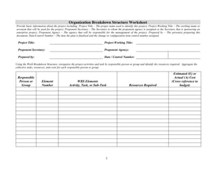 Organization Breakdown Structure Worksheet 
Provide basic information about the project including: Project Title – The proper name used to identify this project; Project Working Title – The working name or 
acronym that will be used for the project; Proponent Secretary – The Secretary to whom the proponent agency is assigned or the Secretary that is sponsoring an 
enterprise project; Proponent Agency – The agency that will be responsible for the management of the project; Prepared by – The person(s) preparing this 
document; Date/Control Number – The date the plan is finalized and the change or configuration item control number assigned. 
Project Title: 
Project Working Title: 
Proponent Secretary: 
Proponent Agency: 
Prepared by: 
Date / Control Number: 
Using the Work Breakdown Structure, reorganize the project activities and task by responsible person or group and identify the resources required. Aggregate the 
collective tasks, resources, and costs for each responsible person or group. 
1 
Responsible 
Person or 
Group 
Element 
Number 
WBS Elements 
Activity, Task, or Sub-Task Resources Required 
Estimated (E) or 
Actual (A) Cost 
(Cross reference to 
budget) 
