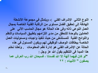 ‫• اﻟﻨﻮع اﻟﺜﺎﻧﻲ اﻹﺷﺮاف اﻟﻔﻨﻲ :- وﻳﺘﻤﺜﻞ ﻓﻲ ﻣﺠﻤﻮﻋﺔ اﻷﻧﺸﻄﺔ‬
‫اﻟﻬﺎدﻓﺔ إﻟﻰ ﺗﺤﻘﻴﻖ أﻓﻀﻞ ﻣﺴﺘﻮى ﻣﻦ اﻟﺮﻗﺎﺑﺔ اﻟﻔﻨﻴﺔ اﻟﺨﺎﺻﺔ ﺑﻤﺠﺎل‬
‫اﻟﻌﻤﻞ اﻟﻨﻮﻋﻲ ذاﺗﻪ وﻓﻰ هﺬﻩ اﻟﺤﺎﻟﺔ هﻮ ﻣﺠﺎل اﻟﺤﺎﺳﺐ اﻵﻟﻲ ﻋﻠﻰ‬
‫اﻟﻌﺎﻣﻠﻴﻦ ﺑﺎﻟﻮﺣﺪة ﻟﻠﺘﺤﻘﻖ ﻣﻦ ﻣﺪى اﻟﺘﺰاﻣﻬﻢ ﺑﺘﻄﺒﻴﻖ اﻟﺴﻴﺎﺳﺎت واﻟﻨﻈﻢ‬
‫واﻟﻠﻮاﺋﺢ اﻟﻔﻨﻴﺔ ﻟﻠﻤﺴﺘﺸﻔﻰ ﻣﻦ ﺣﻴﺚ ﺗﻨﻔﻴﺬ واﺟﺒﺎت وﻣﺴﺌﻮﻟﻴﺎت اﻟﻌﻤﻞ‬
‫اﻟﺨﺎﺻﺔ ﺑﺒﻄﺎﻗﺎت اﻟﻮﺻﻒ اﻟﻮﻇﻴﻔﻲ ﻟﻬﻢ وﻳﻜﻮن اﻟﻤﺴﺌﻮل ﻓﻲ هﺬﻩ‬
‫اﻟﺤﺎﻟﺔ ﻋﻦ اﻹﺷﺮاف اﻟﻔﻨﻲ هﻮ إدارة ﻧﻈﻢ اﻟﻤﻌﻠﻮﻣﺎت . وﻟﻌﻠﻨﺎ ﻧﺨﺘﻢ‬
‫هﺬا اﻟﻤﺒﺪأ ﻓﻰ اﻟﺘﻨﻈﻴﻢ ﺑﻘﻮل اﷲ ﻋﺰ وﺟﻞ :‬
‫"ﻟﻮ آﺎن ﻓﻴﻬﻤﺎ أﻟﻬﺔ إﻻ اﷲ ﻟﻔﺴﺪﺗﺎ ، ﻓﺴﺒﺤﺎن اﷲ رب اﻟﻌﺮش ﻋﻤﺎ‬
‫ﻳﺼﻔﻮن " اﻷﻧﺒﻴﺎء : ٢٢‬
‫٠٣‬

 