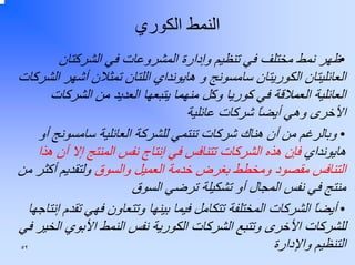 ‫اﻟﻨﻤﻂ اﻟﻜﻮري‬
‫•ﻇﻬﺮ ﻧﻤﻂ ﻣﺨﺘﻠﻒ ﻓﻲ ﺗﻨﻈﻴﻢ وإدارة اﻟﻤﺸﺮوﻋﺎت ﻓﻲ اﻟﺸﺮآﺘﺎن‬
‫اﻟﻌﺎﺋﻠﻴﺘﺎن اﻟﻜﻮرﻳﺘﺎن ﺳﺎﻣﺴﻮﻧﺞ و هﺎﻳﻮﻧﺪاي اﻟﻠﺘﺎن ﺗﻤﺜﻼن أﺷﻬﺮ اﻟﺸﺮآﺎت‬
‫اﻟﻌﺎﺋﻠﻴﺔ اﻟﻌﻤﻼﻗﺔ ﻓﻲ آﻮرﻳﺎ وآﻞ ﻣﻨﻬﻤﺎ ﻳﺘﺒﻌﻬﺎ اﻟﻌﺪﻳﺪ ﻣﻦ اﻟﺸﺮآﺎت‬
‫اﻷﺧﺮى وهﻲ أﻳﻀﺎ ﺷﺮآﺎت ﻋﺎﺋﻠﻴﺔ‬
‫ً‬
‫• وﺑﺎﻟﺮﻏﻢ ﻣﻦ أن هﻨﺎك ﺷﺮآﺎت ﺗﻨﺘﻤﻲ ﻟﻠﺸﺮآﺔ اﻟﻌﺎﺋﻠﻴﺔ ﺳﺎﻣﺴﻮﻧﺞ أو‬
‫هﺎﻳﻮﻧﺪاي ﻓﺈن هﺬﻩ اﻟﺸﺮآﺎت ﺗﺘﻨﺎﻓﺲ ﻓﻲ إﻧﺘﺎج ﻧﻔﺲ اﻟﻤﻨﺘﺞ إﻻ أن هﺬا‬
‫اﻟﺘﻨﺎﻓﺲ ﻣﻘﺼﻮد وﻣﺨﻄﻂ ﺑﻐﺮض ﺧﺪﻣﺔ اﻟﻌﻤﻴﻞ واﻟﺴﻮق وﻟﺘﻘﺪﻳﻢ أآﺜﺮ ﻣﻦ‬
‫ﻣﻨﺘﺞ ﻓﻲ ﻧﻔﺲ اﻟﻤﺠﺎل أو ﺗﺸﻜﻴﻠﺔ ﺗﺮﺿﻲ اﻟﺴﻮق‬
‫• أﻳﻀﺎ اﻟﺸﺮآﺎت اﻟﻤﺨﺘﻠﻔﺔ ﺗﺘﻜﺎﻣﻞ ﻓﻴﻤﺎ ﺑﻴﻨﻬﺎ وﺗﺘﻌﺎون ﻓﻬﻲ ﺗﻘﺪم إﻧﺘﺎﺟﻬﺎ‬
‫ً‬
‫ﻟﻠﺸﺮآﺎت اﻷﺧﺮى وﺗﺘﺒﻊ اﻟﺸﺮآﺎت اﻟﻜﻮرﻳﺔ ﻧﻔﺲ اﻟﻨﻤﻂ اﻷﺑﻮي اﻟﺨﻴﺮ ﻓﻲ‬
‫اﻟﺘﻨﻈﻴﻢ واﻹدارة‬
‫٢٥‬

 