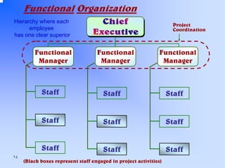 Functional Organization
Hierarchy where each
employee
has one clear superior

Functional
Manager

Project
Coordination

Functional
Manager

Functional
Manager

Staff

Staff

Staff

Staff

Staff

Staff
٦٤

Staff

Staff

Staff

(Black boxes represent staff engaged in project activities)

 