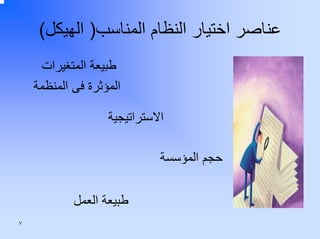 ‫ﻋﻨﺎﺻﺮ اﺧﺘﻴﺎر اﻟﻨﻈﺎم اﻟﻤﻨﺎﺳﺐ) اﻟﻬﻴﻜﻞ(‬
‫ﻃﺒﻴﻌﺔ اﻟﻤﺘﻐﻴﺮات‬
‫اﻟﻤﺆﺛﺮة ﻓﻰ اﻟﻤﻨﻈﻤﺔ‬
‫اﻻﺳﺘﺮاﺗﻴﺠﻴﺔ‬
‫ﺣﺠﻢ اﻟﻤﺆﺳﺴﺔ‬
‫ﻃﺒﻴﻌﺔ اﻟﻌﻤﻞ‬
‫٧‬

 