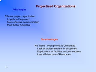 Projectized Organizations:
Advantages
Efficient project organization
Loyalty to the project
More effective communication
than that of functional

Disadvantages
No “home” when project is Completed
Lack of professionalism in disciplines
Duplications of facilities and job functions
Less efficient use of Resources

٧١

 