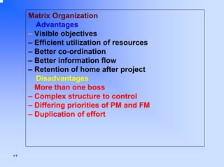 Matrix Organization
Advantages
– Visible objectives
– Efficient utilization of resources
– Better co-ordination
– Better information flow
– Retention of home after project
Disadvantages
– More than one boss
– Complex structure to control
– Differing priorities of PM and FM
– Duplication of effort

٧٢

 