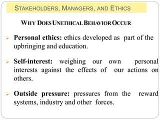 STAKEHOLDERS, MANAGERS, AND ETHICS
WHY DOESUNETHICALBEHAVIOROCCUR
 Personal ethics: ethics developed as part of the
upbringing and education.
 Self-interest: weighing our own personal
interests against the effects of our actions on
others.
 Outside pressure: pressures from the reward
systems, industry and other forces.
 