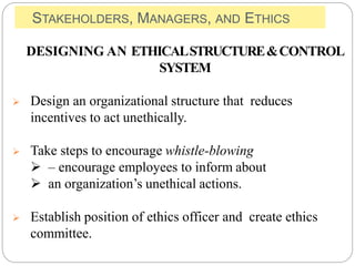 STAKEHOLDERS, MANAGERS, AND ETHICS
DESIGNING AN ETHICALSTRUCTURE&CONTROL
SYSTEM
 Design an organizational structure that reduces
incentives to act unethically.
 Take steps to encourage whistle-blowing
 – encourage employees to inform about
 an organization’s unethical actions.
 Establish position of ethics officer and create ethics
committee.
 