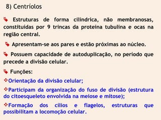 8) Centríolos
 Estruturas de forma cilíndrica, não membranosas,
constituídas por 9 trincas da proteína tubulina e ocas na
região central.
 Apresentam-se aos pares e estão próximas ao núcleo.
 Possuem capacidade de autoduplicação, no período que
precede a divisão celular.
 Funções:
Orientação da divisão celular;
Participam da organização do fuso de divisão (estrutura
do citoesqueleto envolvida na meiose e mitose);
Formação dos cílios e flagelos, estruturas que
possibilitam a locomoção celular.
 