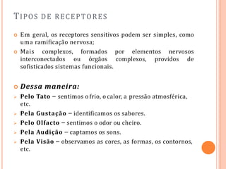 TIPOS DE RECEPTORES
 Em geral, os receptores sensitivos podem ser simples, como
uma ramificação nervosa;
 Mais complexos, formados por elementos nervosos
interconectados ou órgãos complexos, providos de
sofisticados sistemas funcionais.
 Dessa maneira:
 Pelo Tato – sentimos o frio, o calor, a pressão atmosférica,
etc.
 Pela Gustação – identificamos os sabores.
 Pelo Olfacto – sentimos o odor ou cheiro.
 Pela Audição – captamos os sons.
 Pela Visão – observamos as cores, as formas, os contornos,
etc.
 