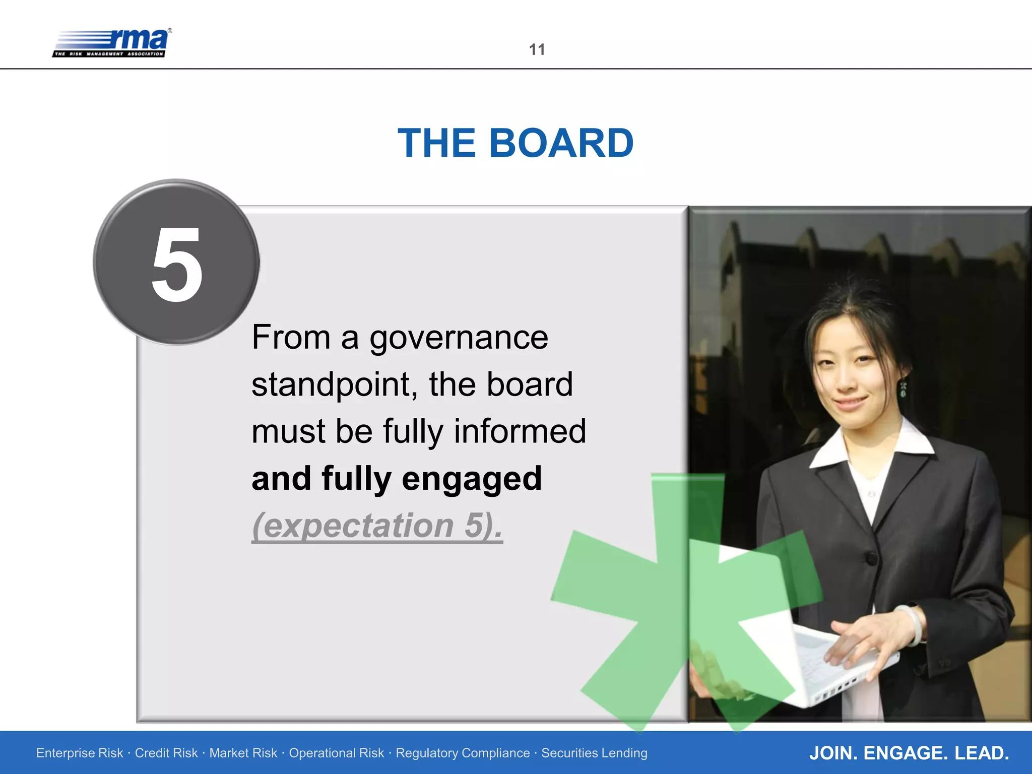 Enterprise Risk · Credit Risk · Market Risk · Operational Risk · Regulatory Compliance · Securities Lending
11
JOIN. ENGAGE. LEAD.
THE BOARD
From a governance
standpoint, the board
must be fully informed
and fully engaged
(expectation 5).
5
 