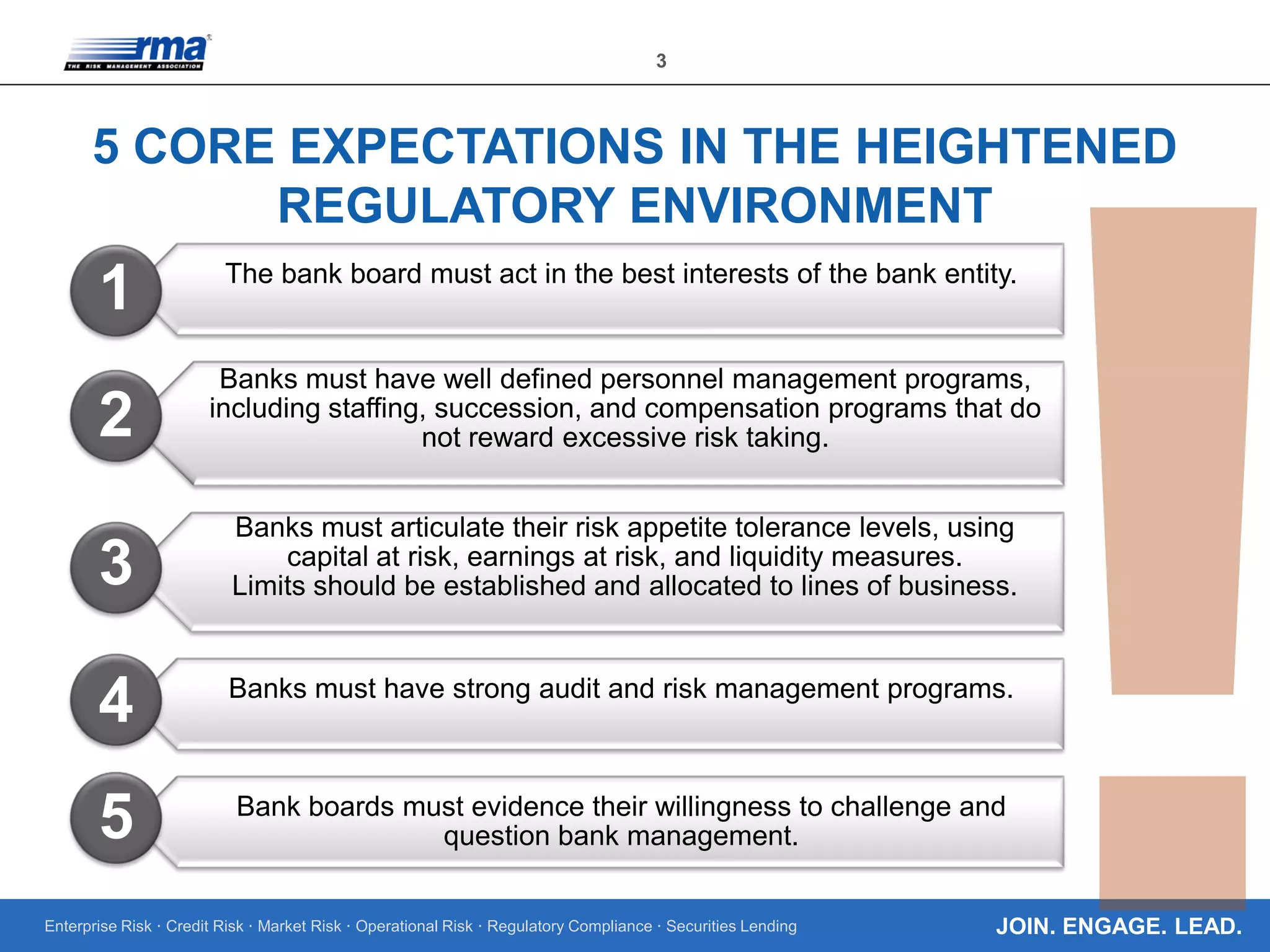 Enterprise Risk · Credit Risk · Market Risk · Operational Risk · Regulatory Compliance · Securities Lending
3
JOIN. ENGAGE. LEAD.
5 CORE EXPECTATIONS IN THE HEIGHTENED
REGULATORY ENVIRONMENT
The bank board must act in the best interests of the bank entity.
Banks must have well defined personnel management programs,
including staffing, succession, and compensation programs that do
not reward excessive risk taking.
Banks must articulate their risk appetite tolerance levels, using
capital at risk, earnings at risk, and liquidity measures.
Limits should be established and allocated to lines of business.
Banks must have strong audit and risk management programs.
Bank boards must evidence their willingness to challenge and
question bank management.
1
4
2
3
5
 