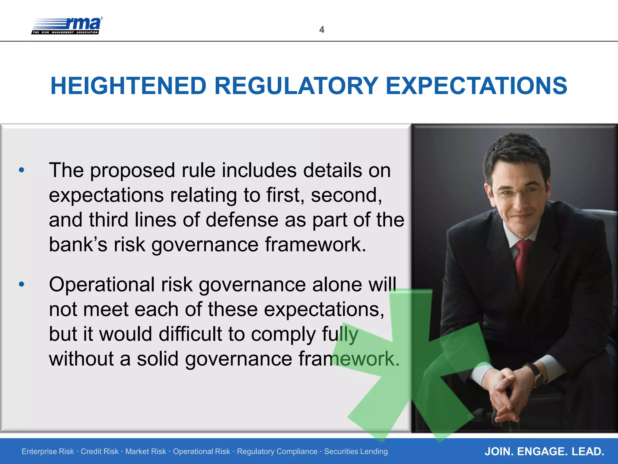Enterprise Risk · Credit Risk · Market Risk · Operational Risk · Regulatory Compliance · Securities Lending
4
JOIN. ENGAGE. LEAD.
HEIGHTENED REGULATORY EXPECTATIONS
• The proposed rule includes details on
expectations relating to first, second,
and third lines of defense as part of the
bank’s risk governance framework.
• Operational risk governance alone will
not meet each of these expectations,
but it would difficult to comply fully
without a solid governance framework.
 