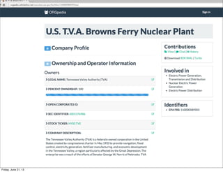 ORGpedia is Interactive
• The public can view, comment, discuss
• Contributors can:
• overlay controlled ﬁelds
• Associate facilities with Linked Open
Data and other Web content (e.g. stock
quotes, images)
• Template-driven approach make extending
the site easy
Friday, June 21, 13
 