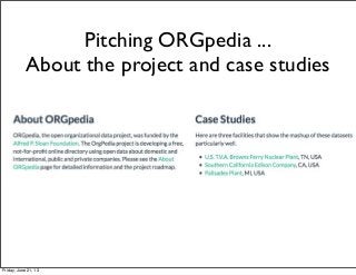 Pitching ORGpedia ...
About the project and case studies
Friday, June 21, 13
 