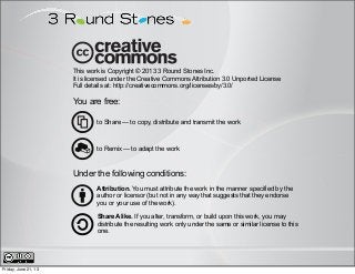 This work is Copyright © 2013 3 Round Stones Inc.
It is licensed under the Creative Commons Attribution 3.0 Unported License
Full details at: http://creativecommons.org/licenses/by/3.0/
You are free:
to Share — to copy, distribute and transmit the work
to Remix — to adapt the work
Under the following conditions:
Attribution. You must attribute the work in the manner specified by the
author or licensor (but not in any way that suggests that they endorse
you or your use of the work).
Share Alike. If you alter, transform, or build upon this work, you may
distribute the resulting work only under the same or similar license to this
one.
Friday, June 21, 13
 