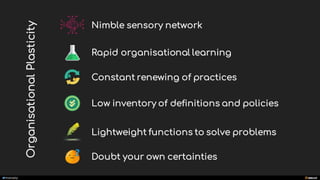 manoelp
Nimble sensory network
Rapid organisational learning
Constant renewing of practices
Low inventory of definitions and policies
Lightweight functions to solve problems
Doubt your own certainties
OrganisationalPlasticity
 