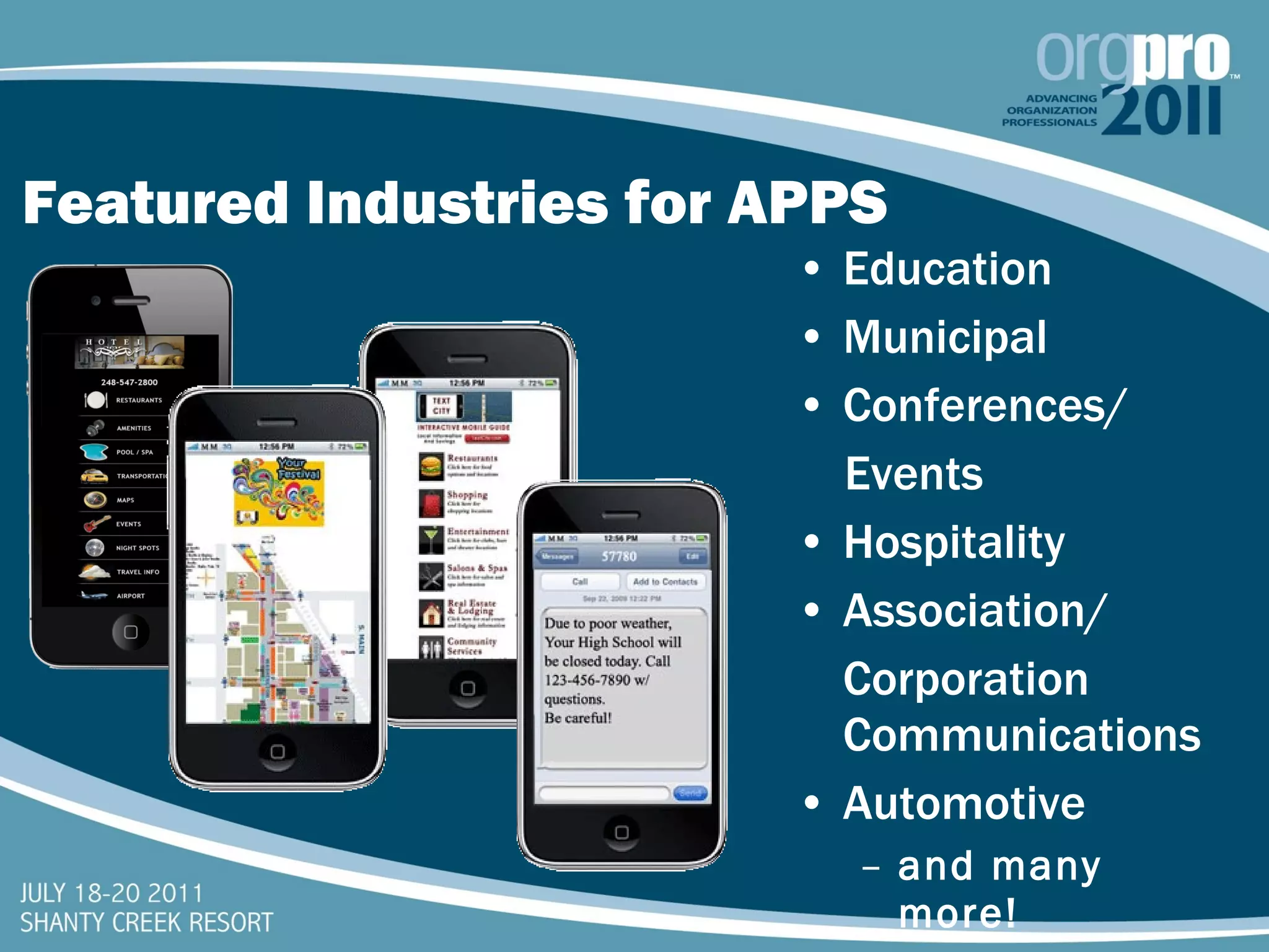 Featured Industries for APPS Education Municipal Conferences/ Events Hospitality Association/ Corporation Communications Automotive and many more! 