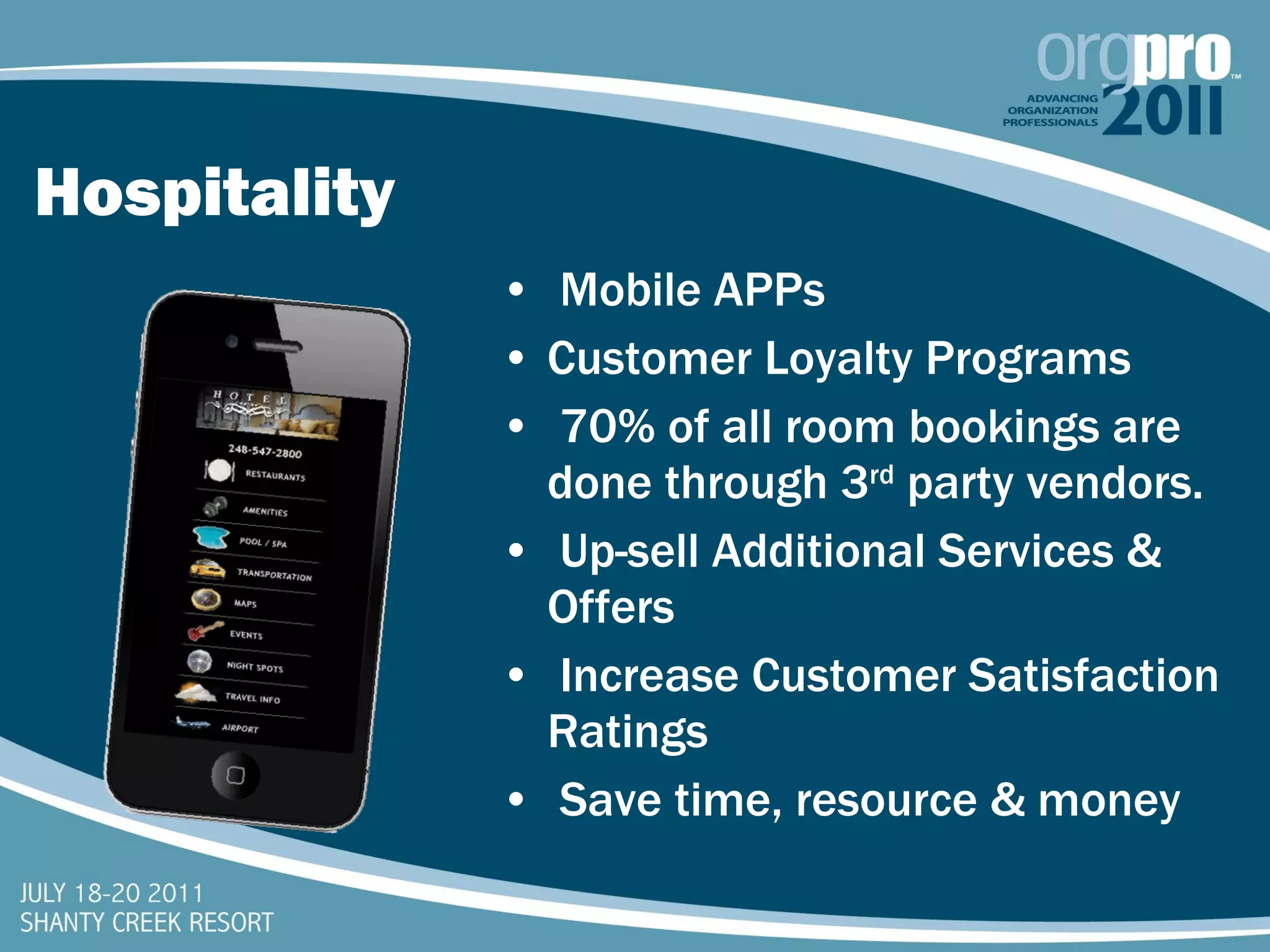 Hospitality Mobile APPs Customer Loyalty Programs 70% of all room bookings are done through 3 rd  party vendors. Up-sell Additional Services & Offers Increase Customer Satisfaction Ratings Save time, resource & money 