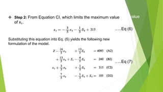  Step 2: From Equation CI, which limits the maximum value
of x1.
…..Eq (6)
…..Eq (7)
 Step 2: From Equation CI, which limits the maximum value
of x1.
Substituting this equation into Eq. (5) yields the following new
formulation of the model.
…..Eq (6)
…..Eq (7)
 