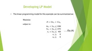 Developing LP Model
…..Eq (4)
• The linear programming model for this example can be summarized as:
…..Eq (4)
 