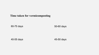 Time taken for vermicomposting
60-75 days 50-60 days
40-55 days 45-50 days
 