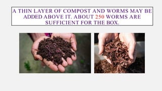 A THIN LAYER OF COMPOST AND WORMS MAY BE
ADDED ABOVE IT. ABOUT 250 WORMS ARE
SUFFICIENT FOR THE BOX.
 