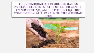THE VERMICOMPOST PRODUCED HAS AN
AVERAGE NUTRIENT STATUS OF 1.8 PER CENT N,
1.9 PER CENT P2O5 AND 1.6 PER CENT K2O, BUT
COMPOSITION WILL VARY WITH THE SUBSTRATE
USED.
 