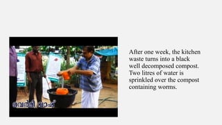 After one week, the kitchen
waste turns into a black
well decomposed compost.
Two litres of water is
sprinkled over the compost
containing worms.
 