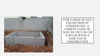 FOR LARGE SCALE
COLLECTION OF
VERMIWASH, A
CEMENT TANK OF
SIZE 80 CM X 80 CM
X 80 CM WITH A
SIDE TAP IS
CONSTRUCTED.
 