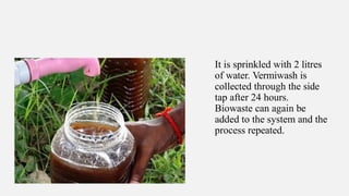 It is sprinkled with 2 litres
of water. Vermiwash is
collected through the side
tap after 24 hours.
Biowaste can again be
added to the system and the
process repeated.
 